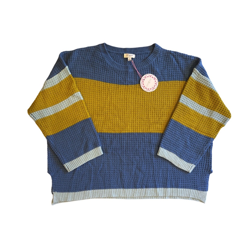NEW Umgee Loose Knit Blue Mustard Yellow Striped Waffle Knit Sweater Small